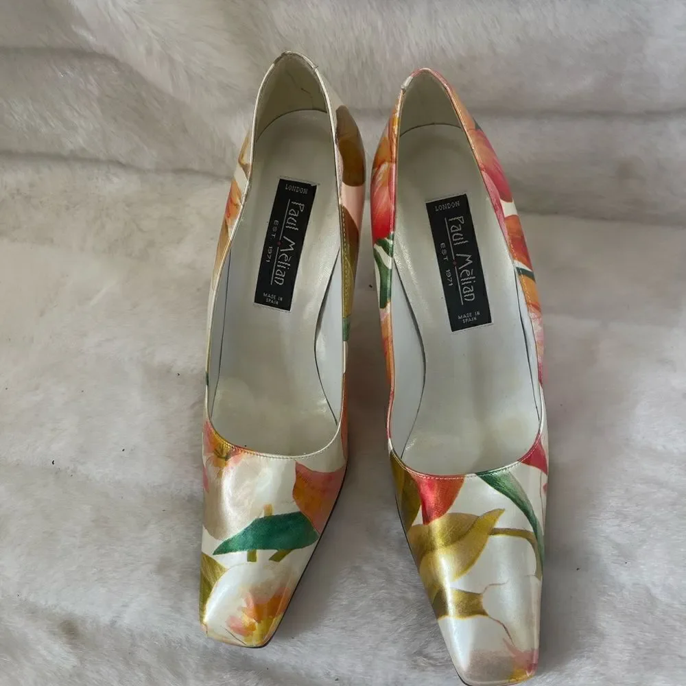 Paul Mèlian patent multi color marble prints slip on pumps square toe si…